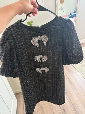 Sugarlips Black Tweed Midi Dress with Rhinestone Bow Details